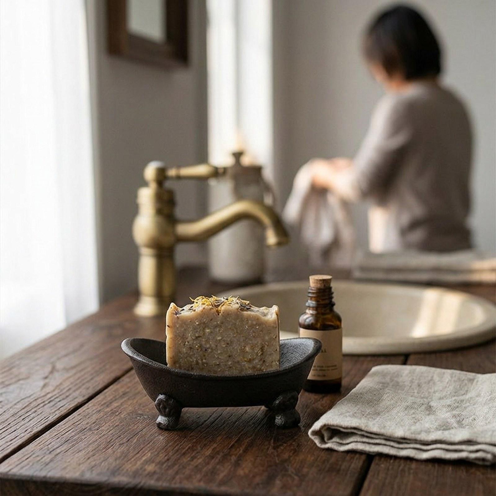 Home Bar Sink - 鋳鉄製ソープディッシュホルダー、頑丈な素朴な手作りソープトレイ、中空底付きで水切り可能、家庭用カウンタートップシンク装飾用