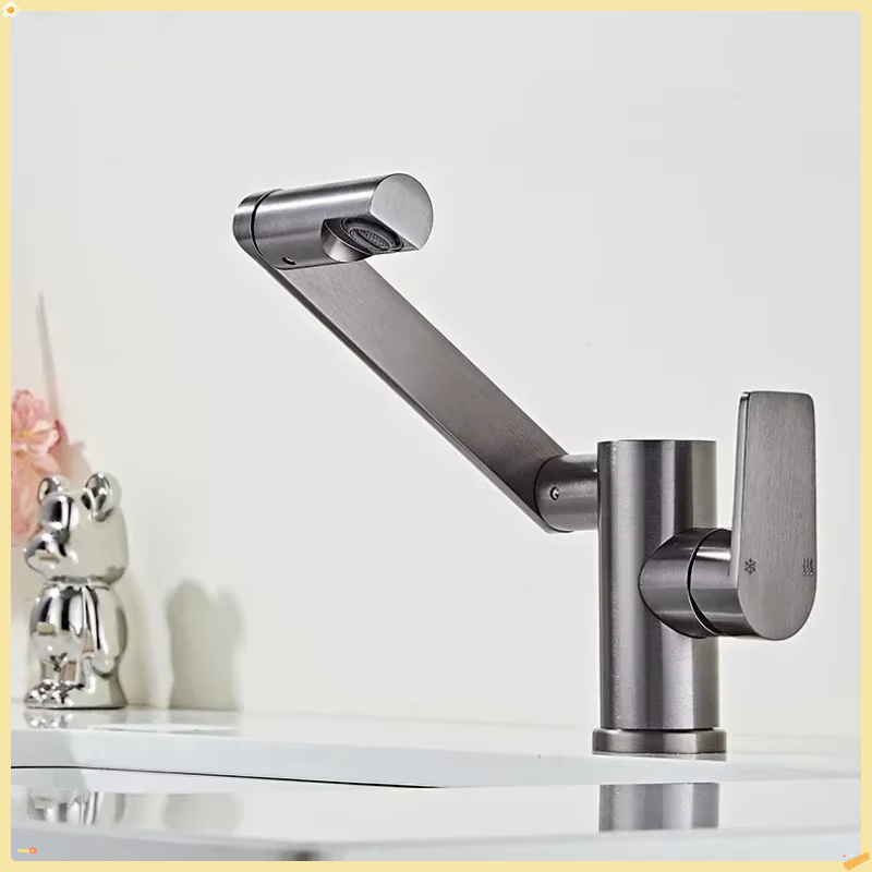 Home Bar Sink - グレーのアルミ製浴室洗面台用蛇口360 ° 回転式洗面台蛇口 ホースプルリフティング付き 浴室用蛇口 温冷シンクミキサータップ