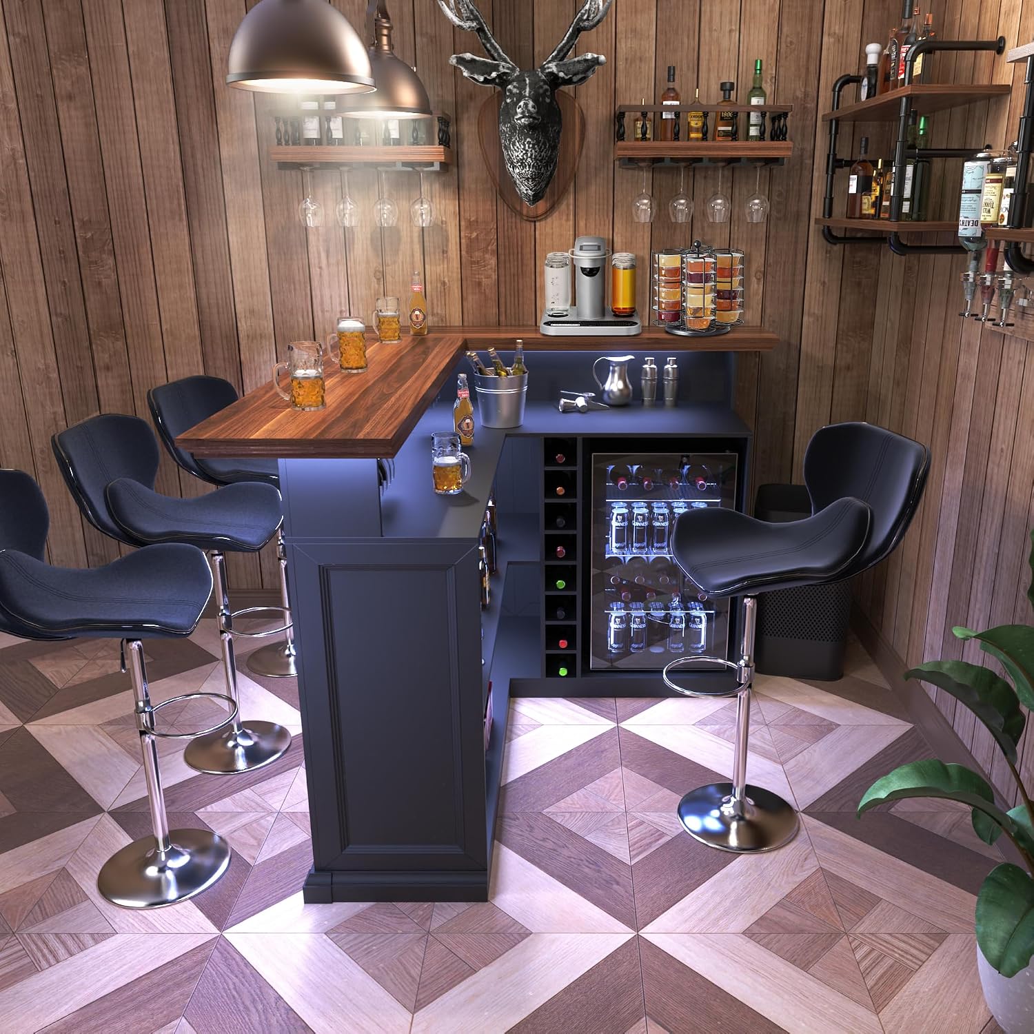 L字型ホームバーキャビネット（冷蔵庫スペース付き）、大型地下 - Home Bar Lounge のレビューと価格