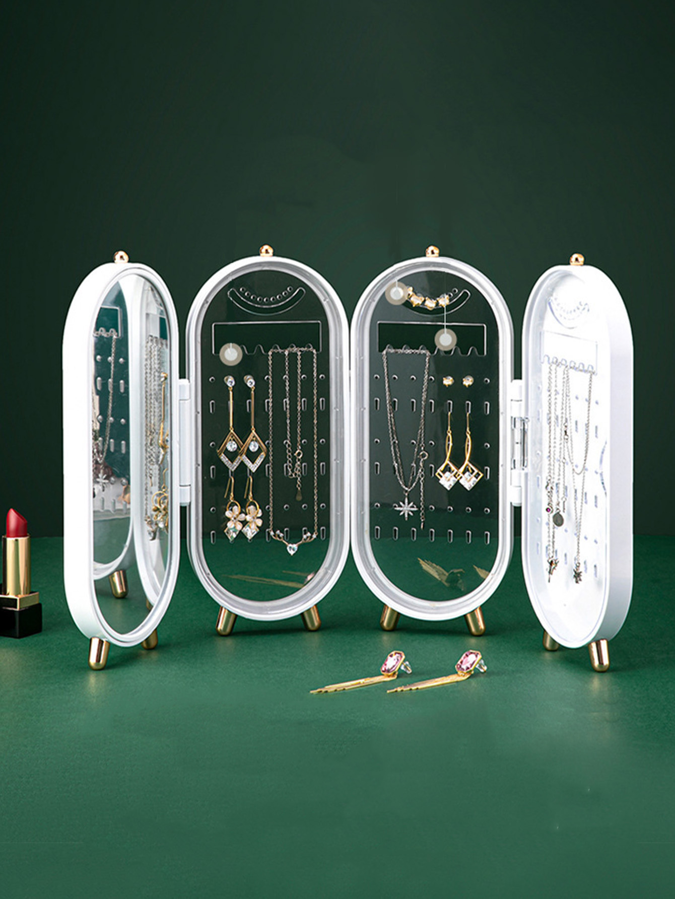 楕円形の鏡付きジュエリー収納キャビネット、ゴールドの脚付き、 - Bar Cart Gold のレビューと価格